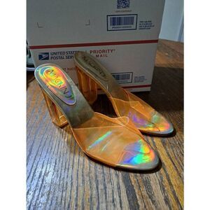 9 Mackin J Orange Transparent Open Toe Acrylic Slip On Chunky High Heel Shoes